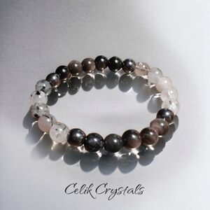 Tourmaline Quartz Crystal Silver Obsidian Bracelet Natural Stones 8mm Unisex